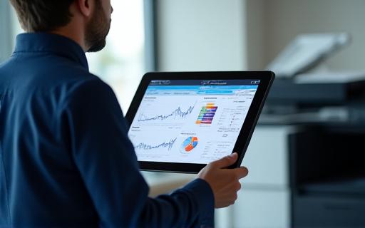 A technician analyzing data on a tablet in front of a printer.